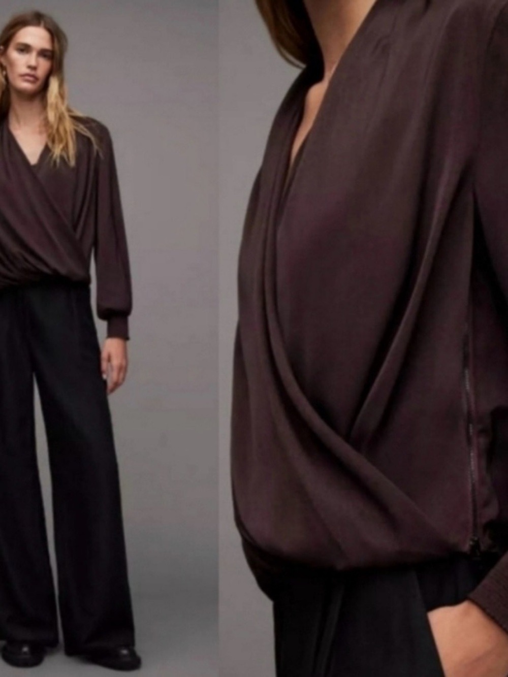 AllSaints Draped V-Neck Long Sleeve Blouse in Port Purple size 8 - Picture 2 of 6